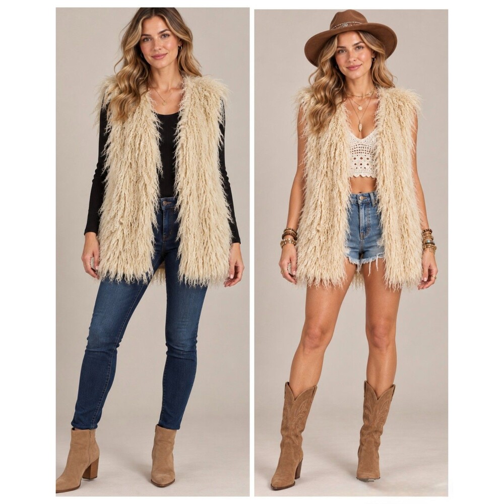 Abercrombie & Fitch Womens M Ivory Shaggy Faux Fur Vest Open Front Boho Lined